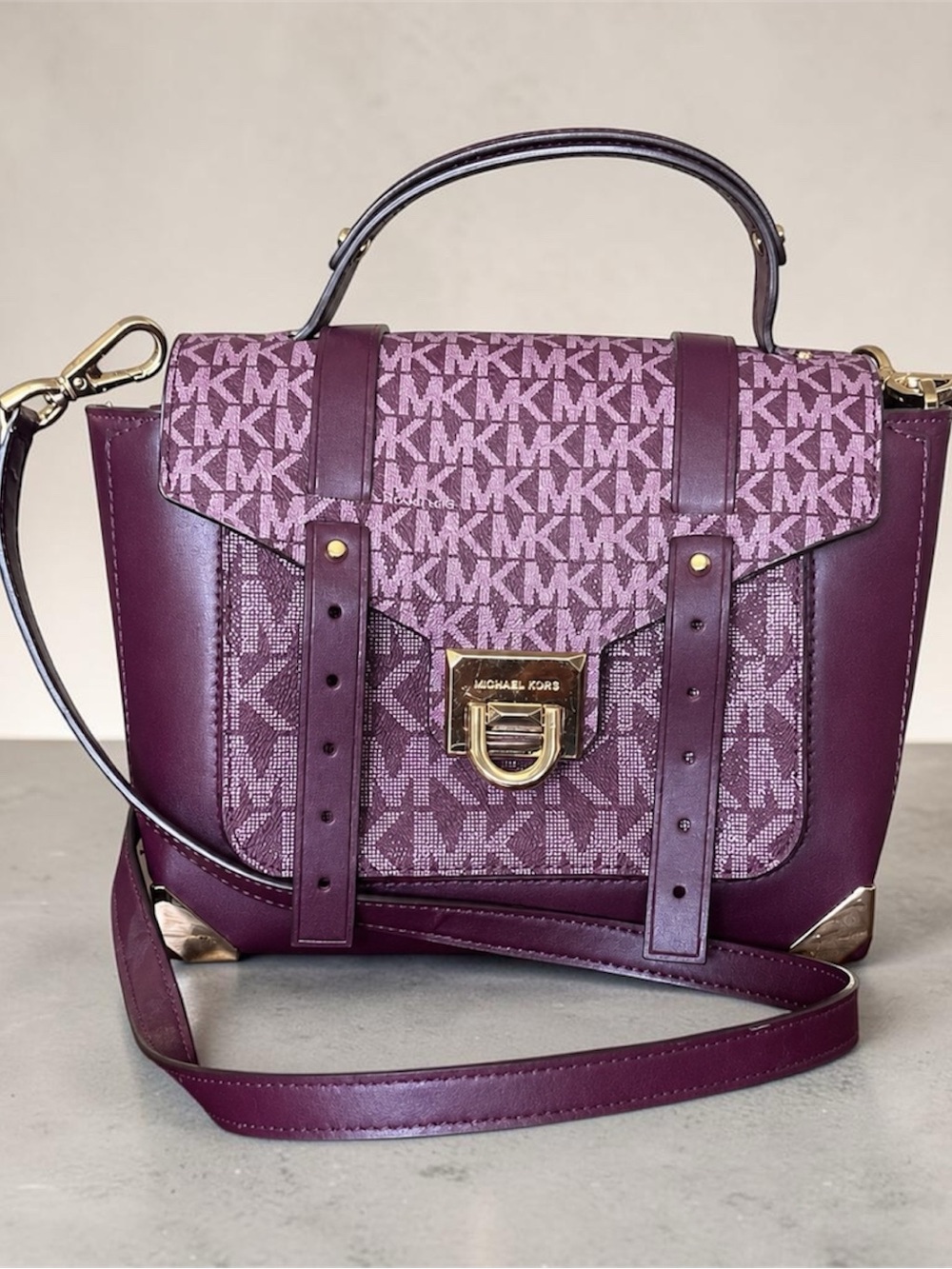 Michael Kors Purple MK Signature Satchel with Gold Hardware